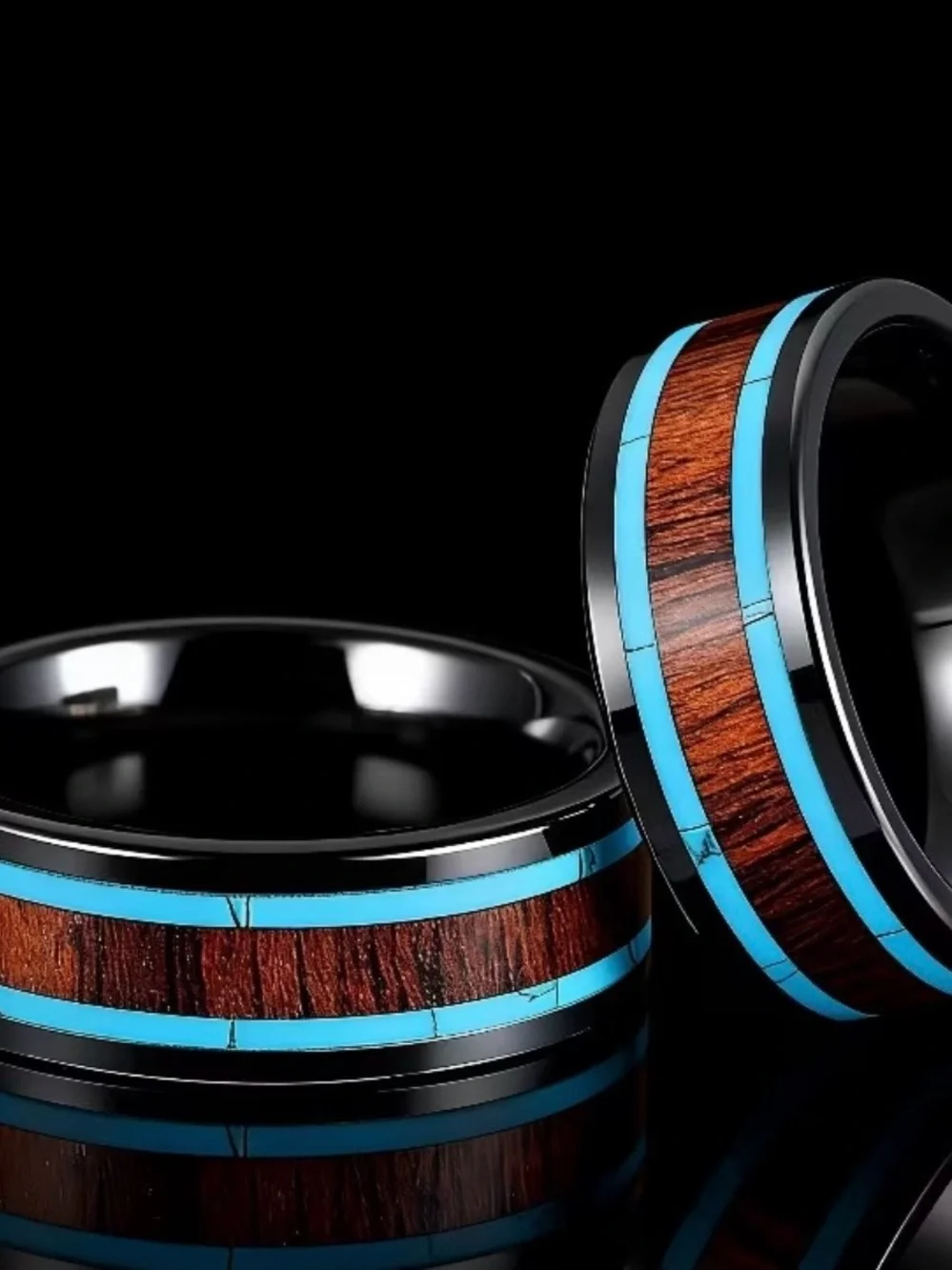 Black Tungsten Ring with Wood Inlay and Turquoise Stripes - 1 Band Size 13